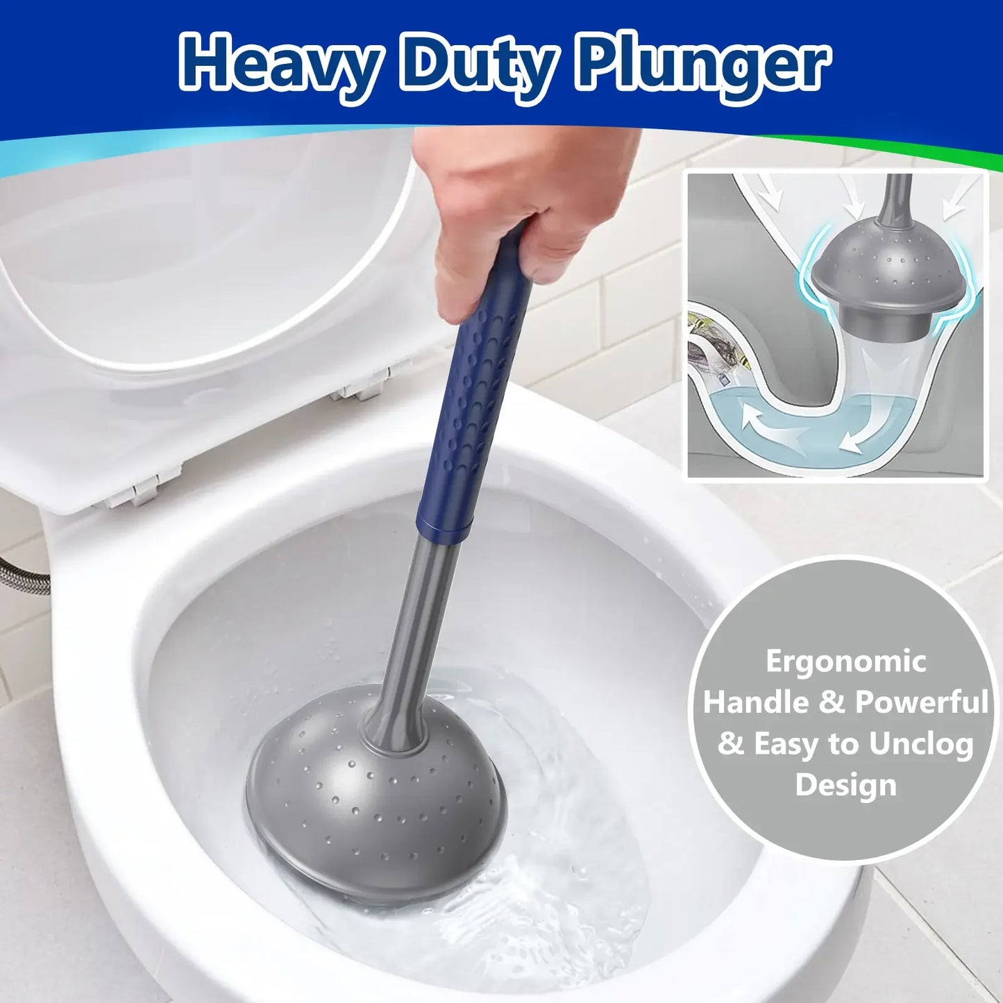 Toilet Brush and Plunger Set for Barthroom: EHADOO Heavy Duty Plunger and Durable Bowl Brush with Holder for Restroom Cleaning - Blue-Gray