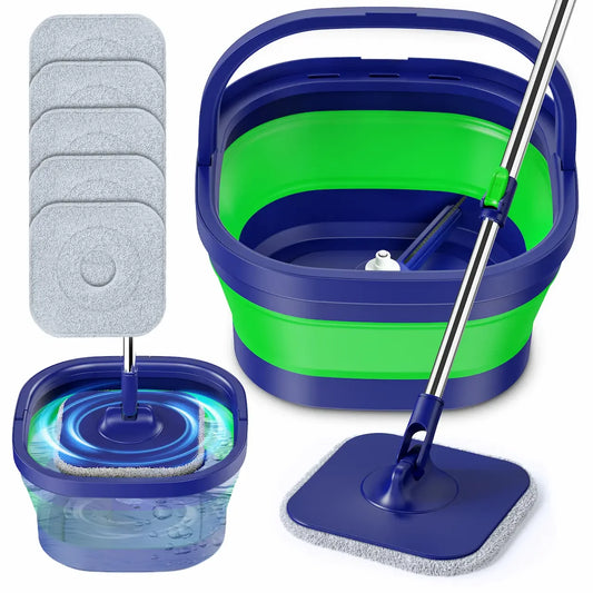 Folding Bucket and Rotating Mop Set: Microfibre Wringing Mop for Cleaning Laminate Wooden and Tiled Floors for Studio Room One Bedroom Flat Non Ensuite PBSA Car Green