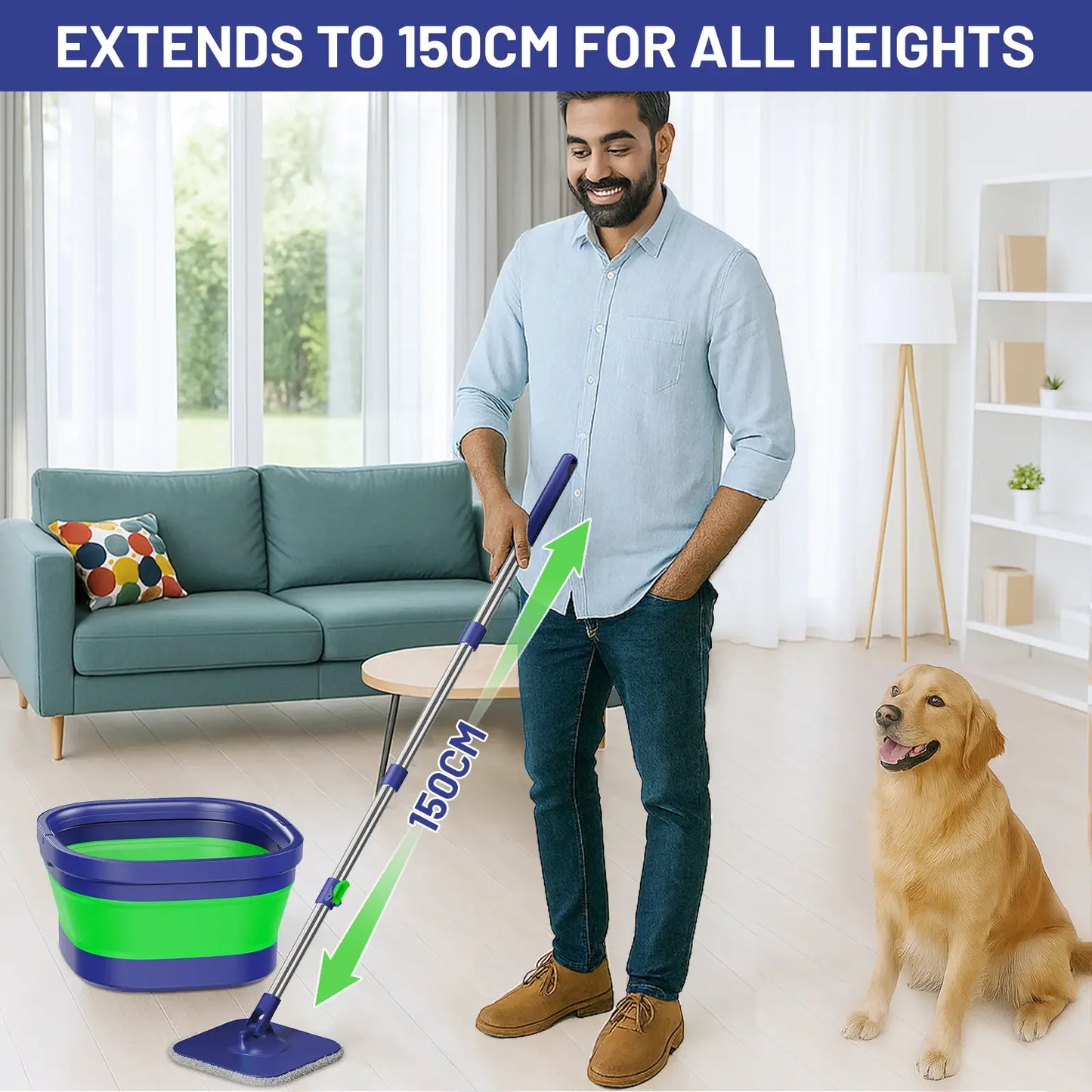 Folding Bucket and Rotating Mop Set: Microfibre Wringing Mop for Cleaning Laminate Wooden and Tiled Floors for Studio Room One Bedroom Flat Non Ensuite PBSA Car Green