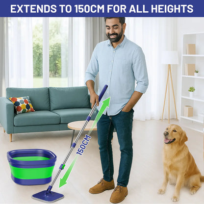 Folding Bucket and Rotating Mop Set: Microfibre Wringing Mop for Cleaning Laminate Wooden and Tiled Floors for Studio Room One Bedroom Flat Non Ensuite PBSA Car Green