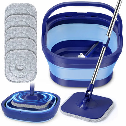 Spin Mop and Bucket Set: Household Wet Dry Mop for Cleaning Floors - Collapsible Bucket for Small Home - 5 Reusable Microfibre Replacement Pads Blue