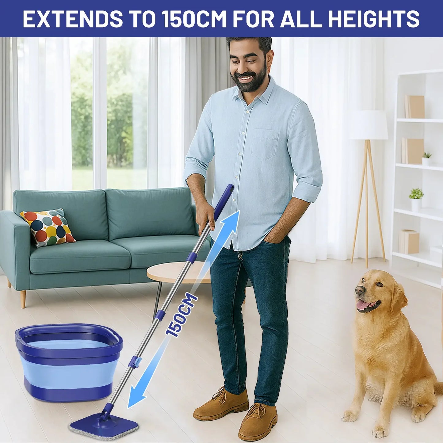 Spin Mop and Bucket Set: Household Wet Dry Mop for Cleaning Floors - Collapsible Bucket for Small Home - 5 Reusable Microfibre Replacement Pads Blue