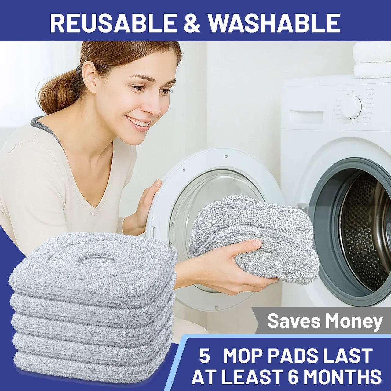 Spin Mop and Bucket Set: Household Wet Dry Mop for Cleaning Floors - Collapsible Bucket for Small Home - 5 Reusable Microfibre Replacement Pads Blue