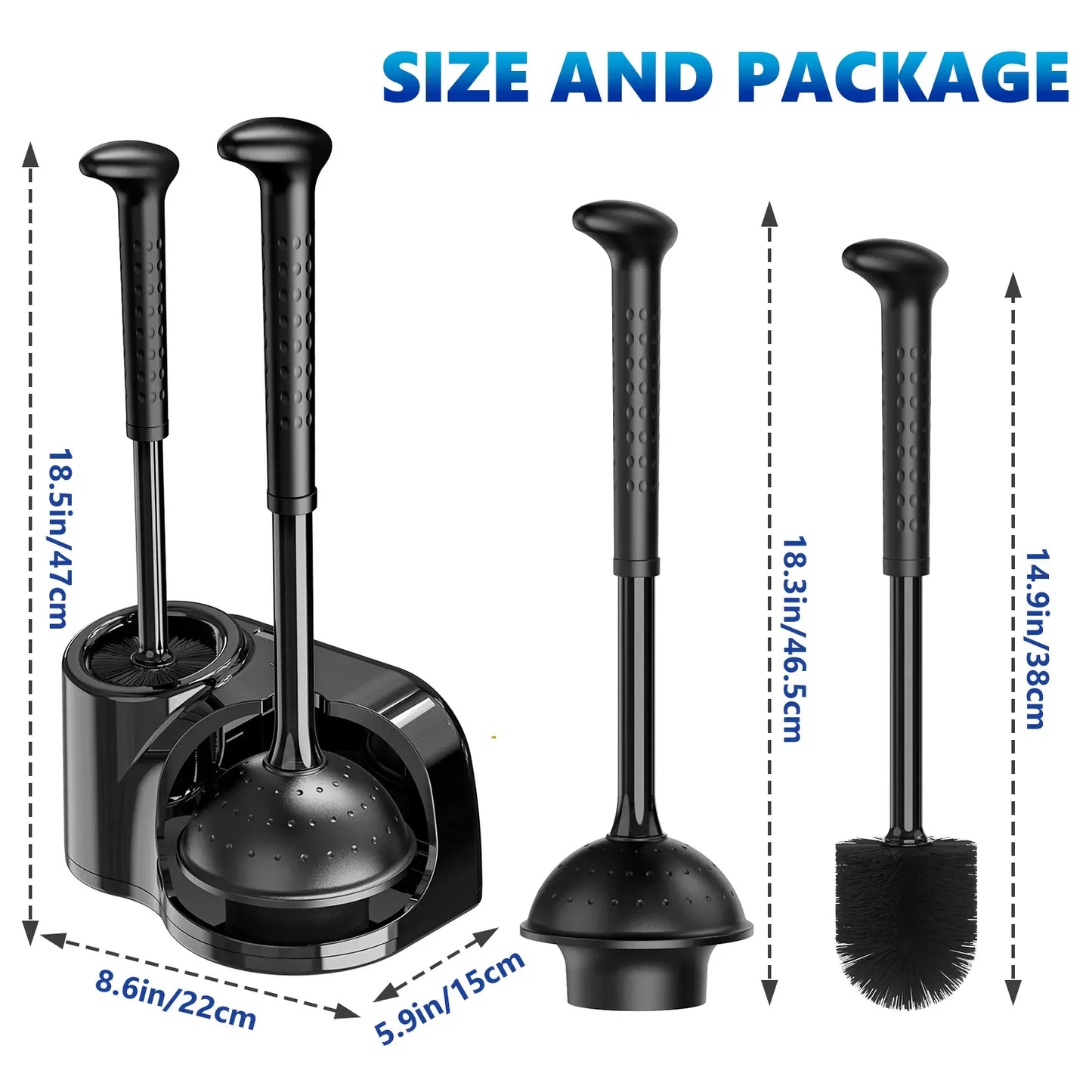 Toilet Brush and Plunger Set for Barthroom: EHADOO Heavy Duty Plunger and Durable Bowl Brush with Holder for Restroom Cleaning - Black