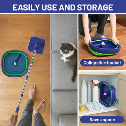 Folding Bucket and Rotating Mop Set: Microfibre Wringing Mop for Cleaning Laminate Wooden and Tiled Floors for Studio Room One Bedroom Flat Non Ensuite PBSA Car Green